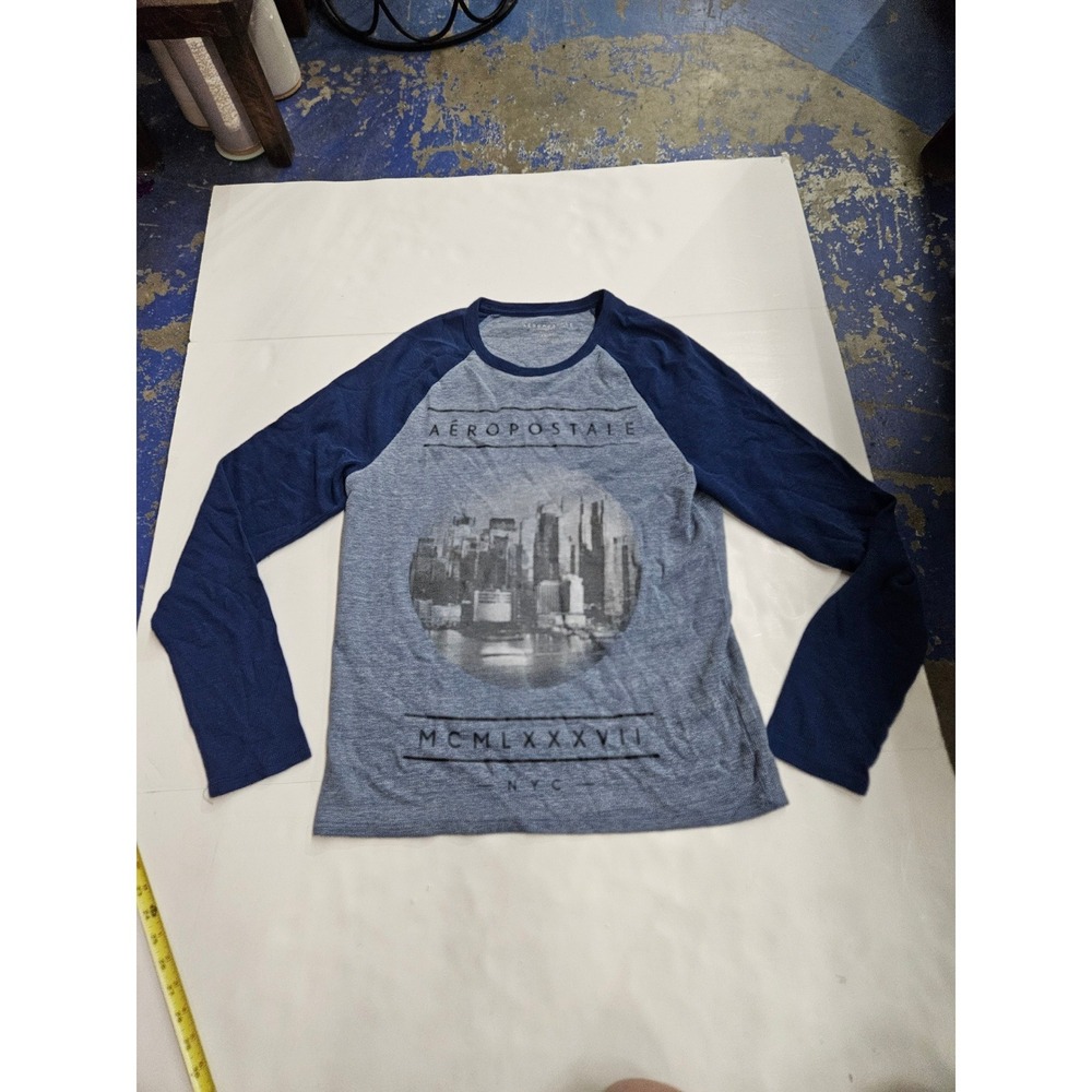 Aeropostale Mens Raglan Thermal Shirt Grey Navy NYC Skyline Graphic Waffle Knit